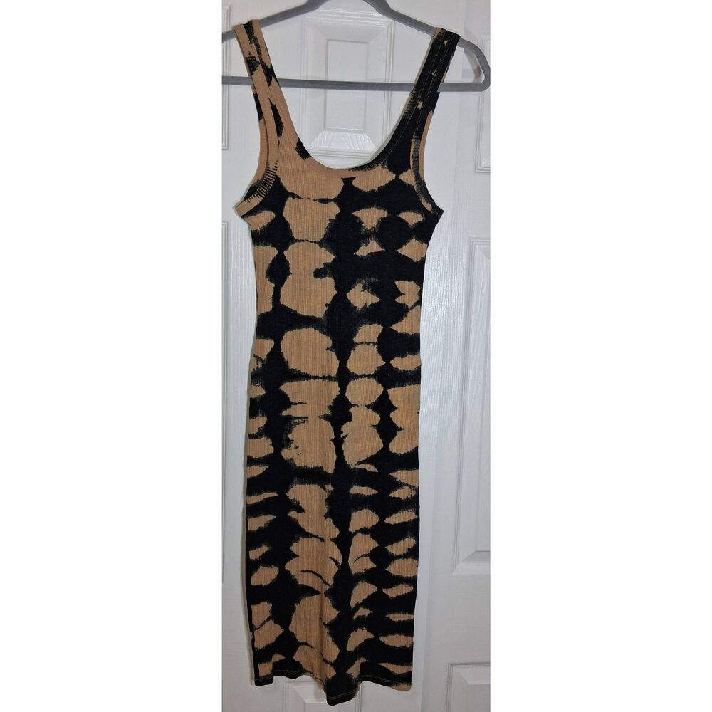 Zara womens medium bodycon midi pencil dress tan black ribbed stretch